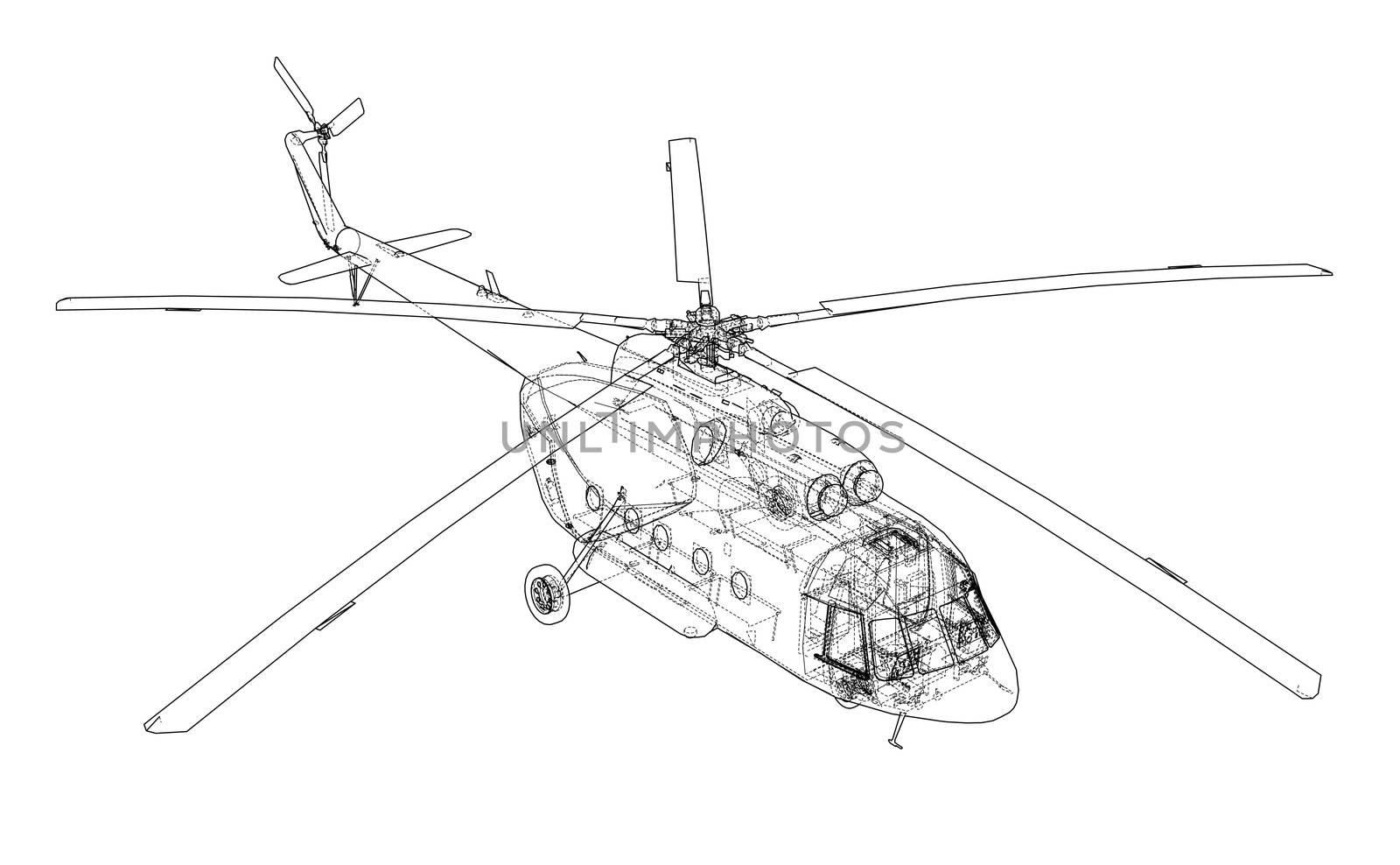 Engineering drawing or sketch of helicopter. 3d illustration