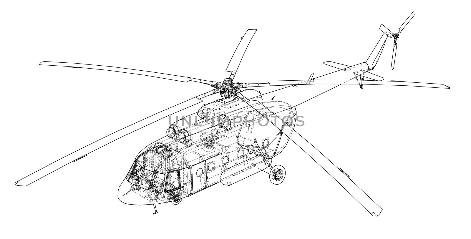 Engineering drawing or sketch of helicopter. 3d illustration