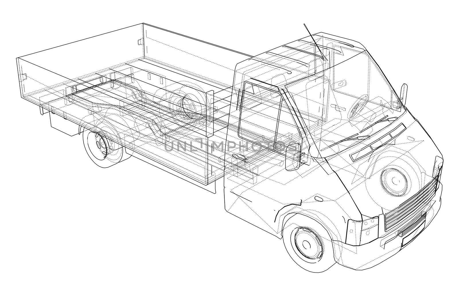 Concept small truck sketch. 3d illustration. Wire-frame style