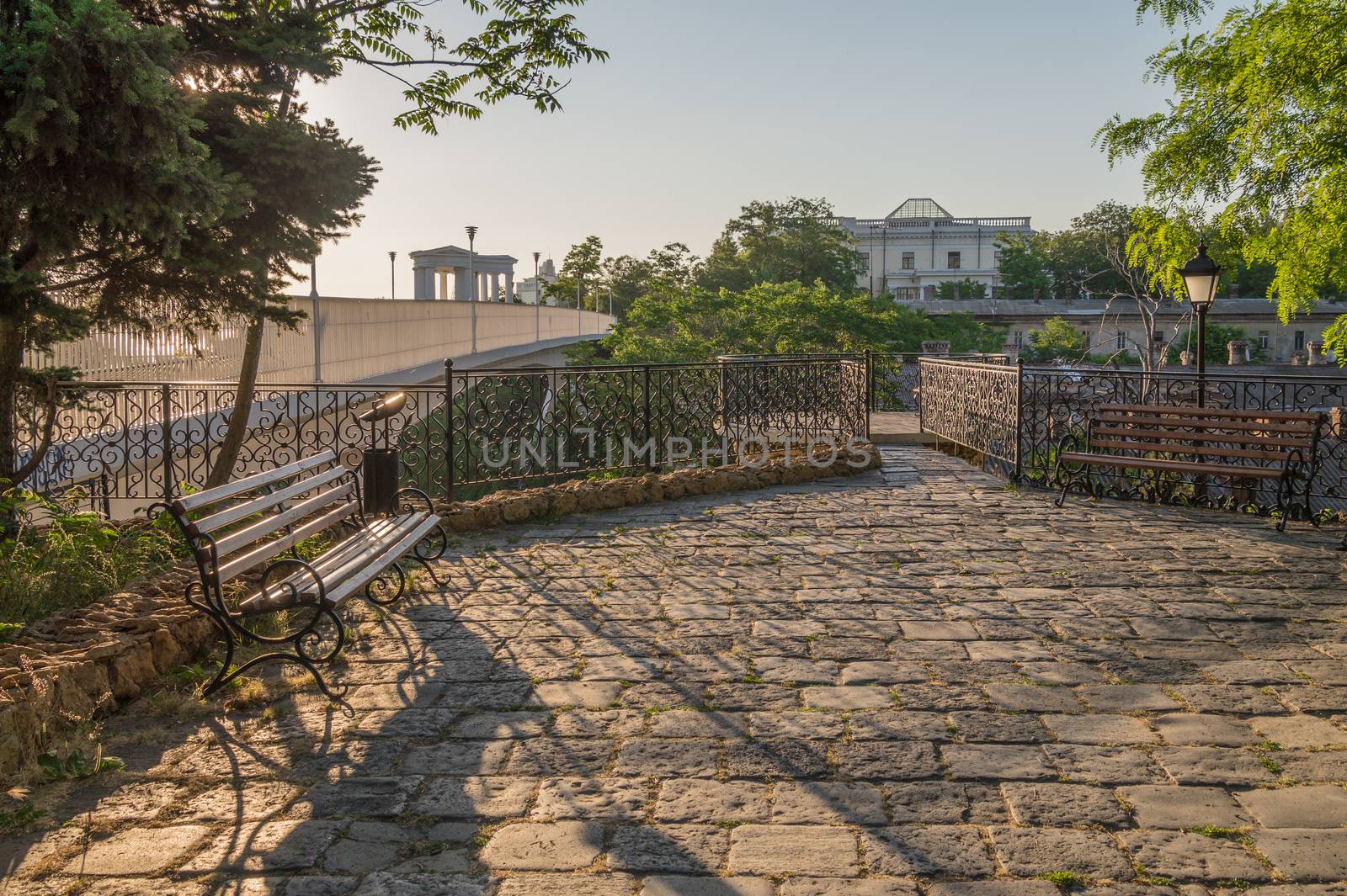 Corner of old Odessa near Mother in law bridge to Primorsky Boulevard. Odessa city, Ukraine in a sunny summer morning