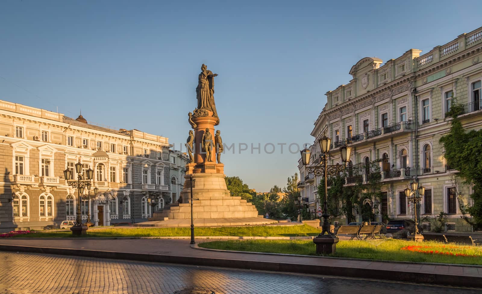 Monument to the founders of Odessa in Ukraine at the summer morning.