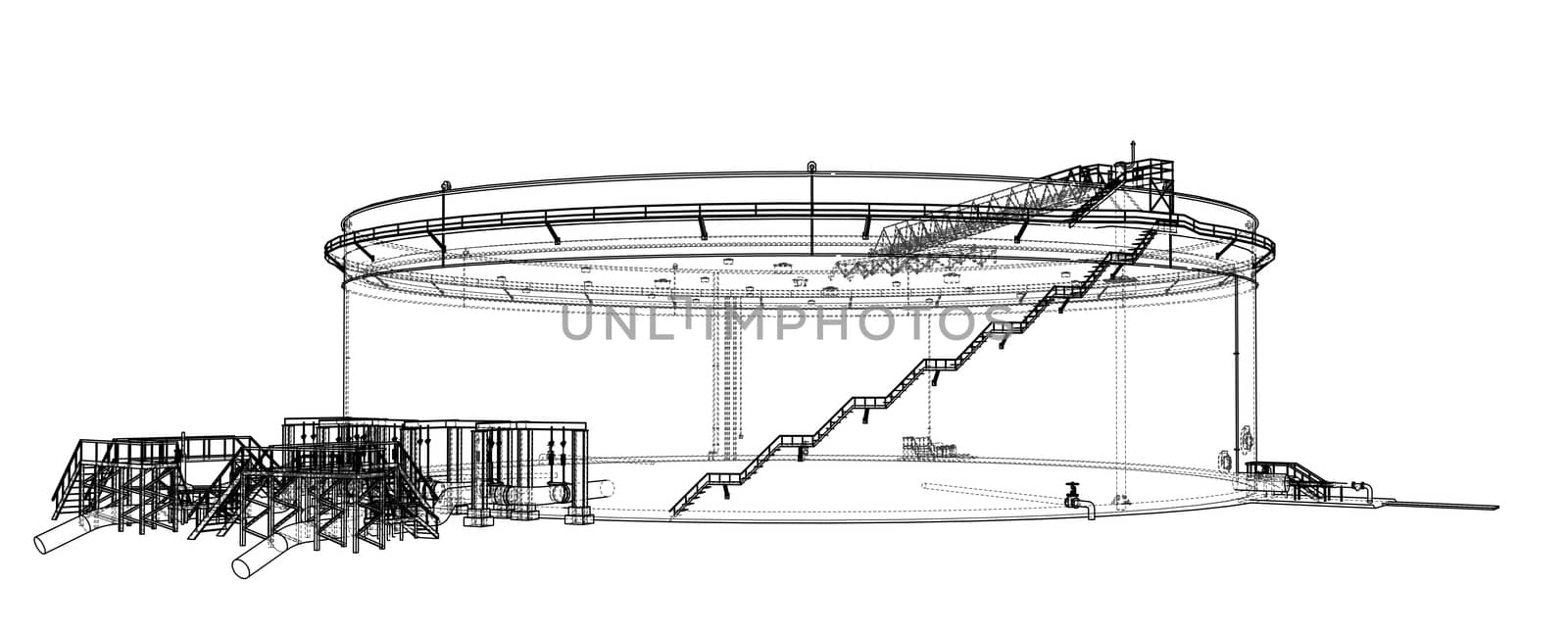 Oil storage tank. 3d illustration. Wire-frame style