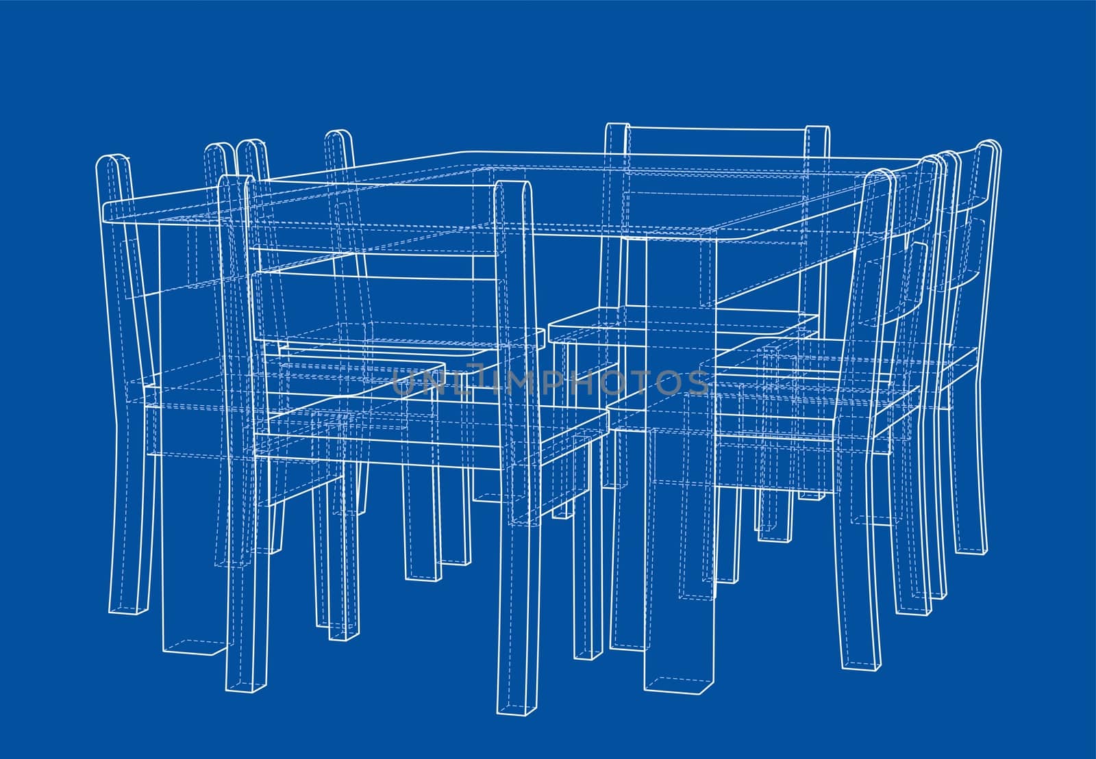 Table with chairs for 6 people. 3d illustration. Wire-frame style