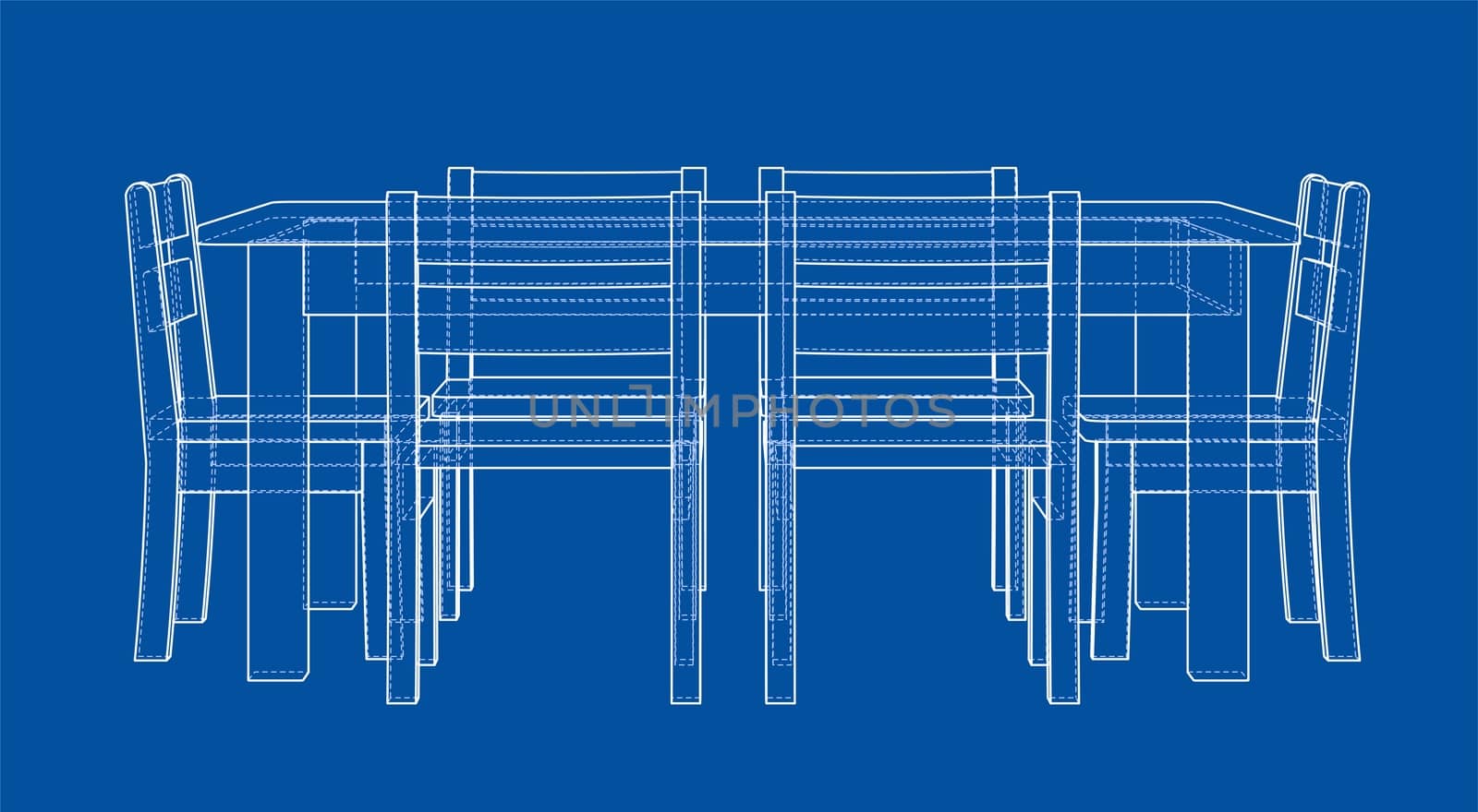 Table with chairs for 6 people. 3d illustration. Wire-frame style