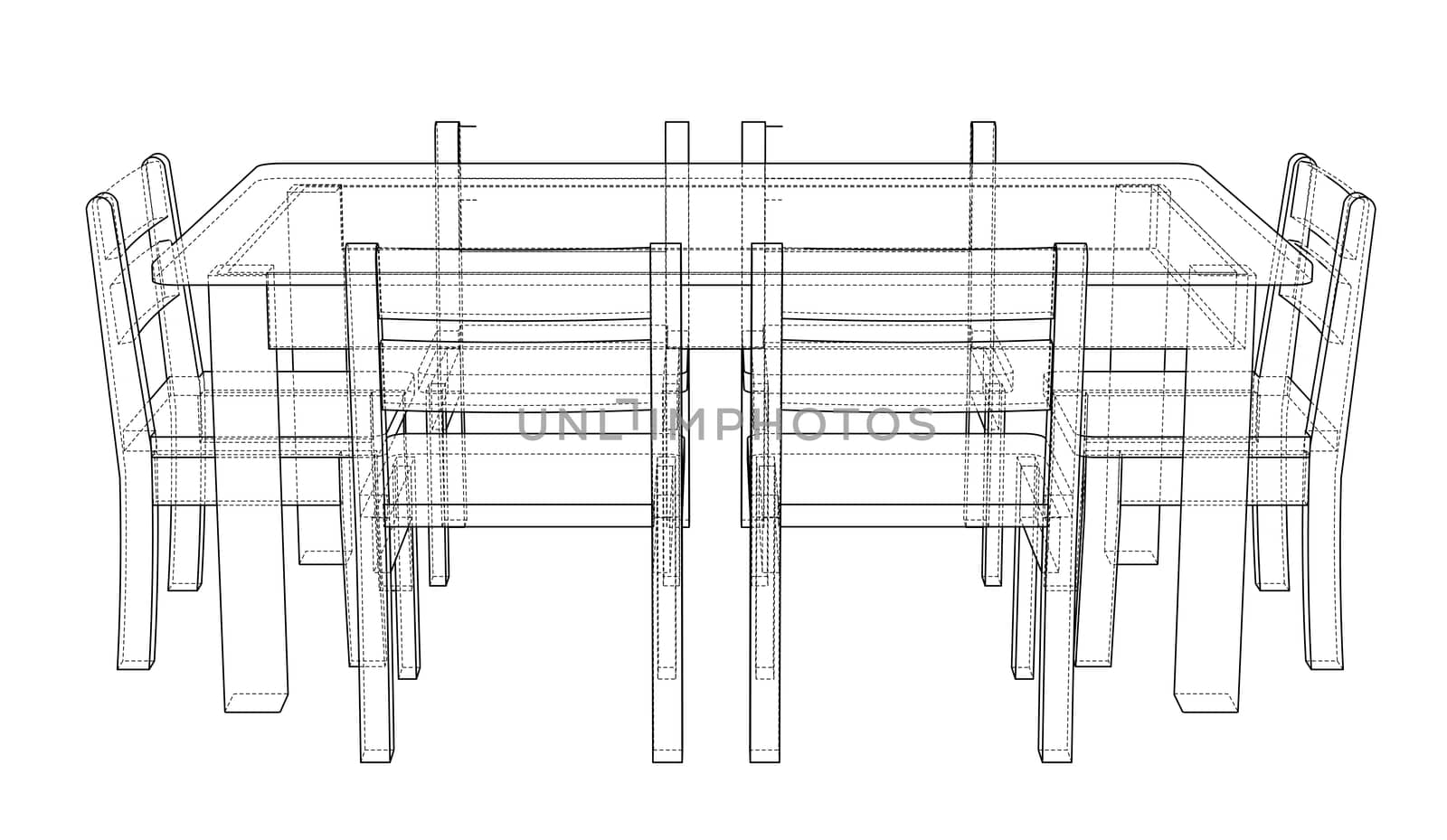 Table with chairs for 6 people. 3d illustration. Wire-frame style