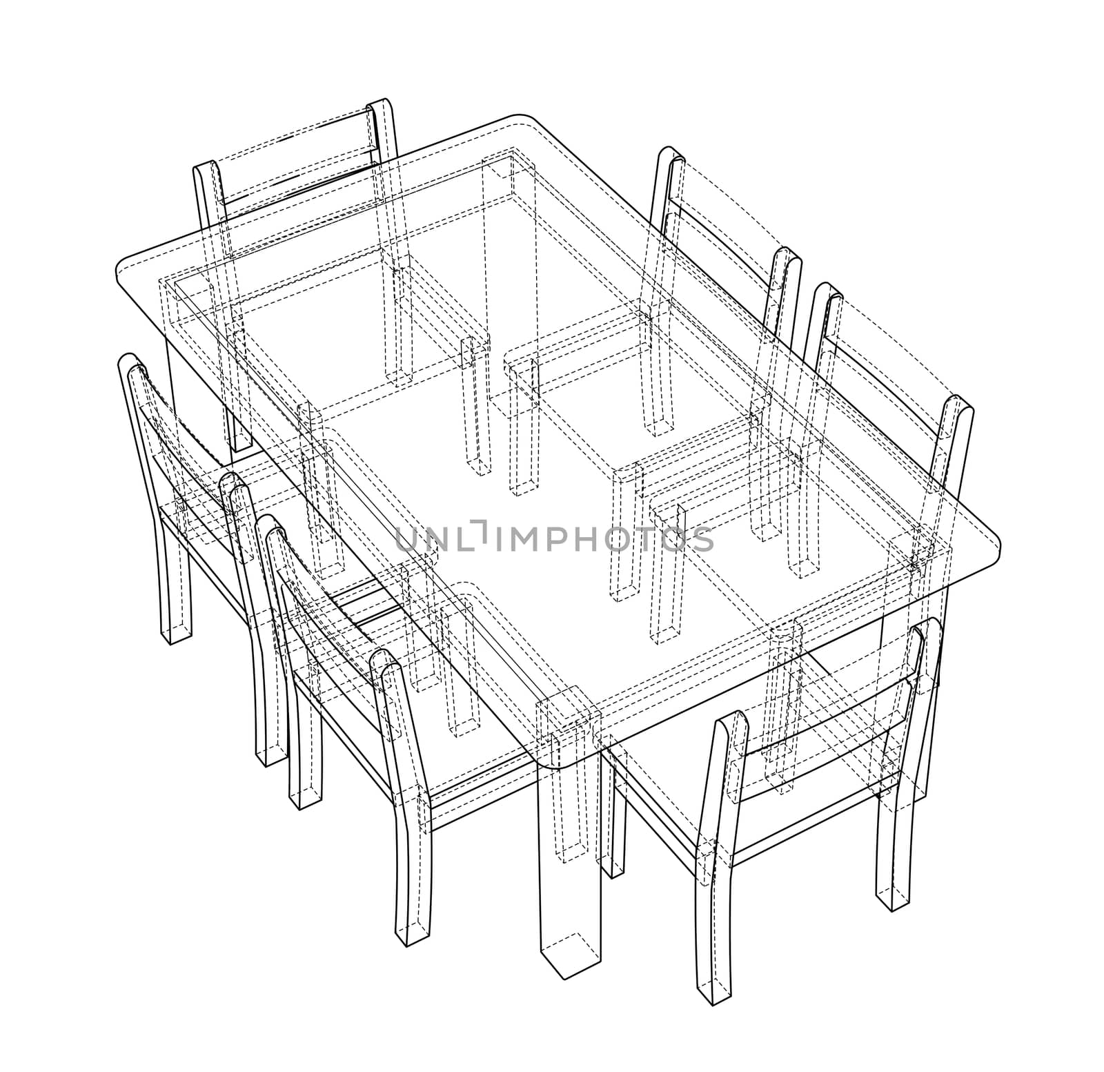 Table with chairs for 6 people. 3d illustration. Wire-frame style