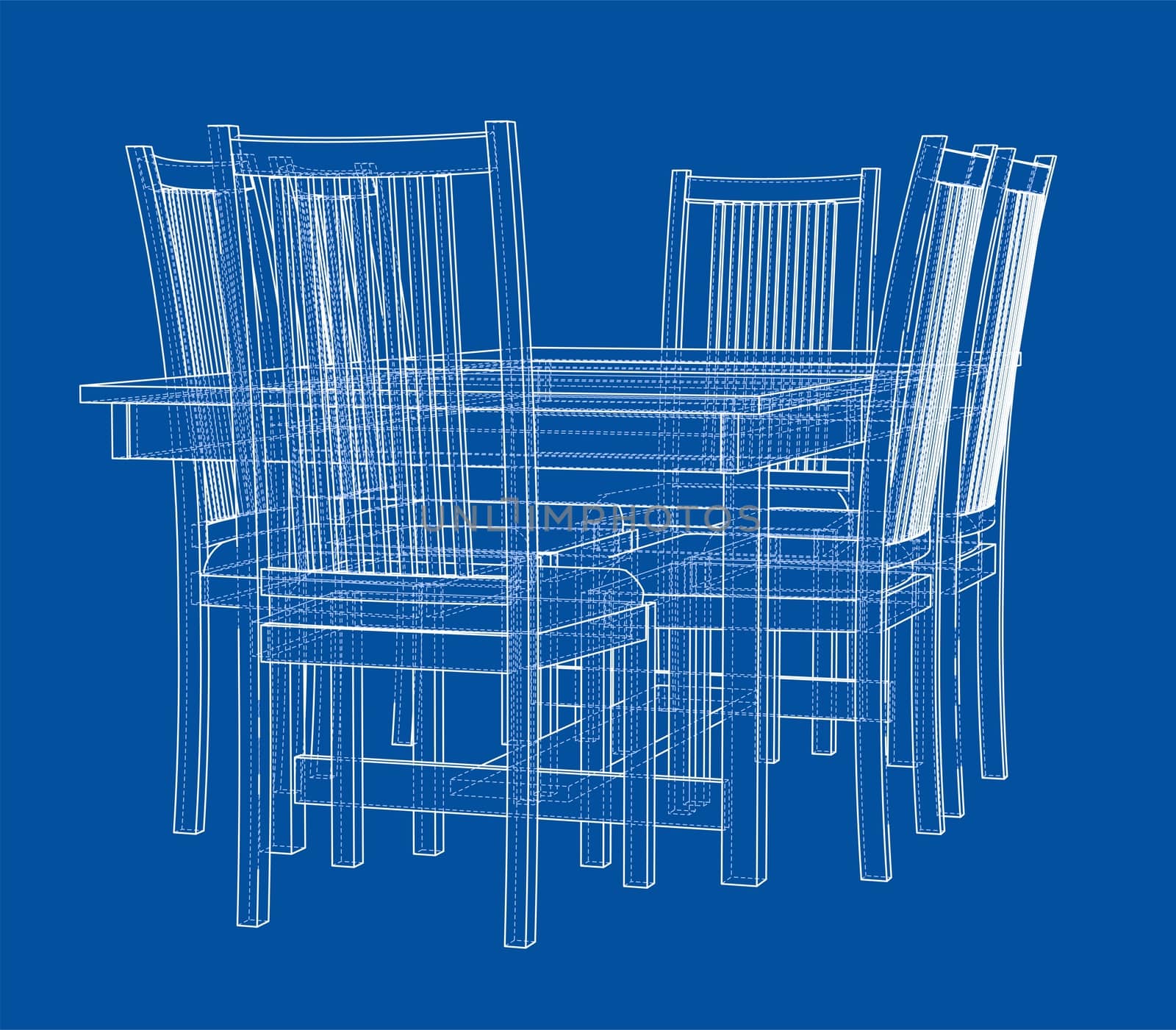 Dinner table with chairs. 3d illustration. Wire-frame style