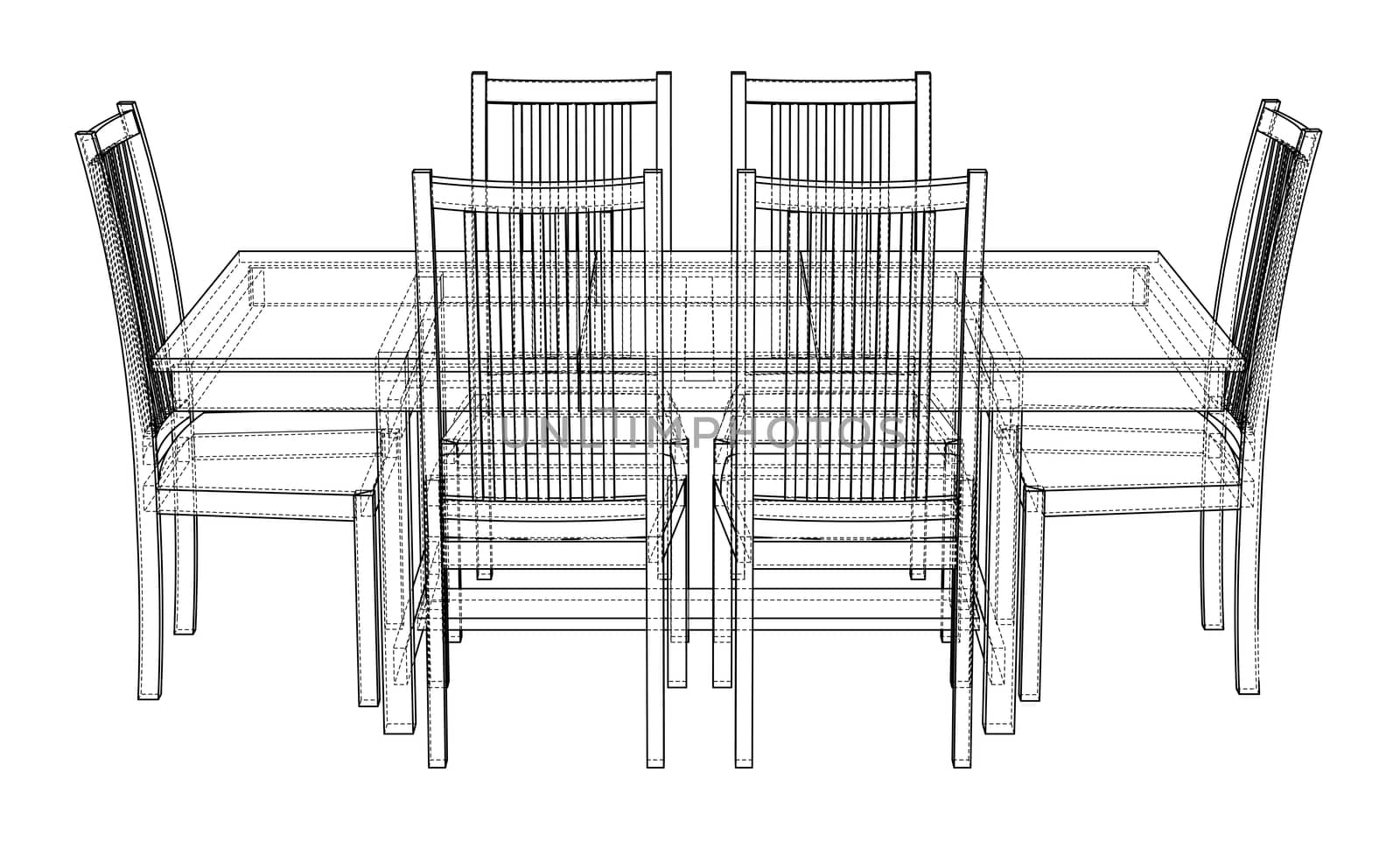 Dinner table with chairs. 3d illustration. Wire-frame style