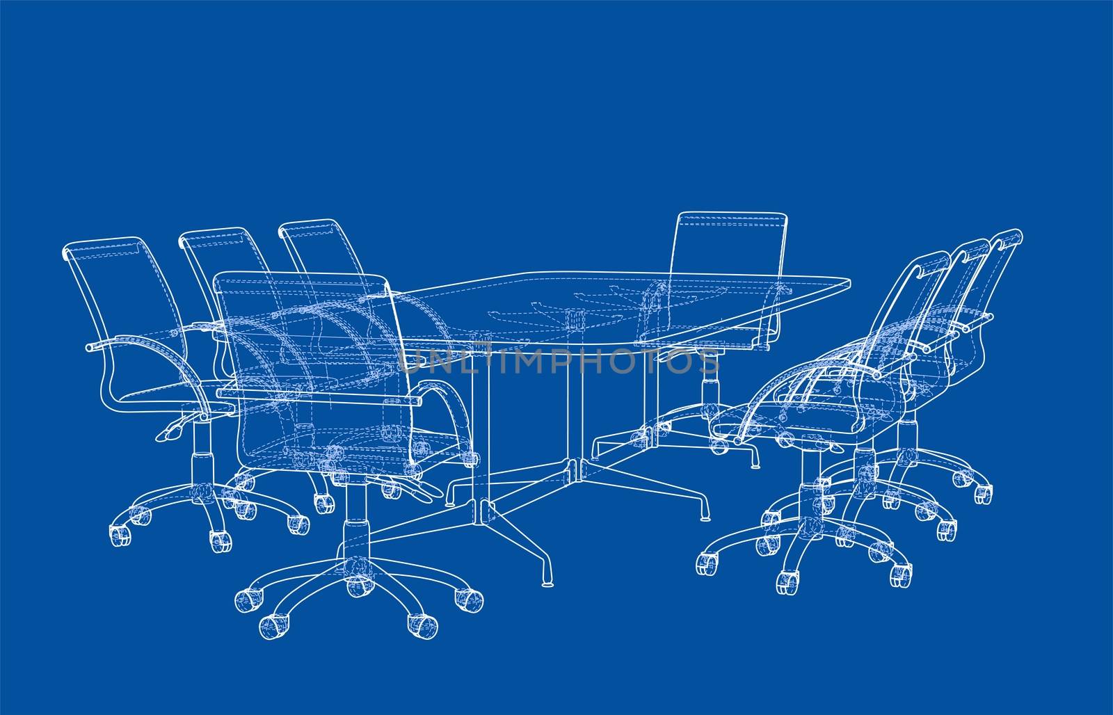 Conference table with chairs in sketch style. 3d illustration