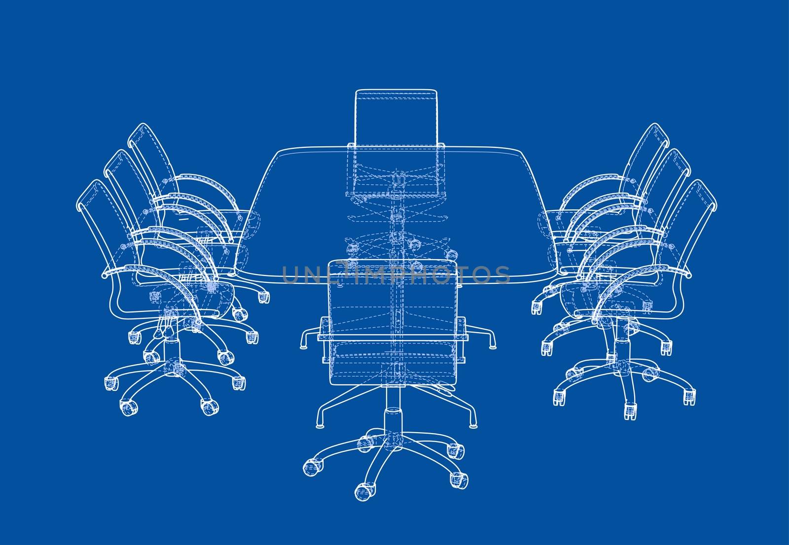 Conference table with chairs in sketch style. 3d illustration