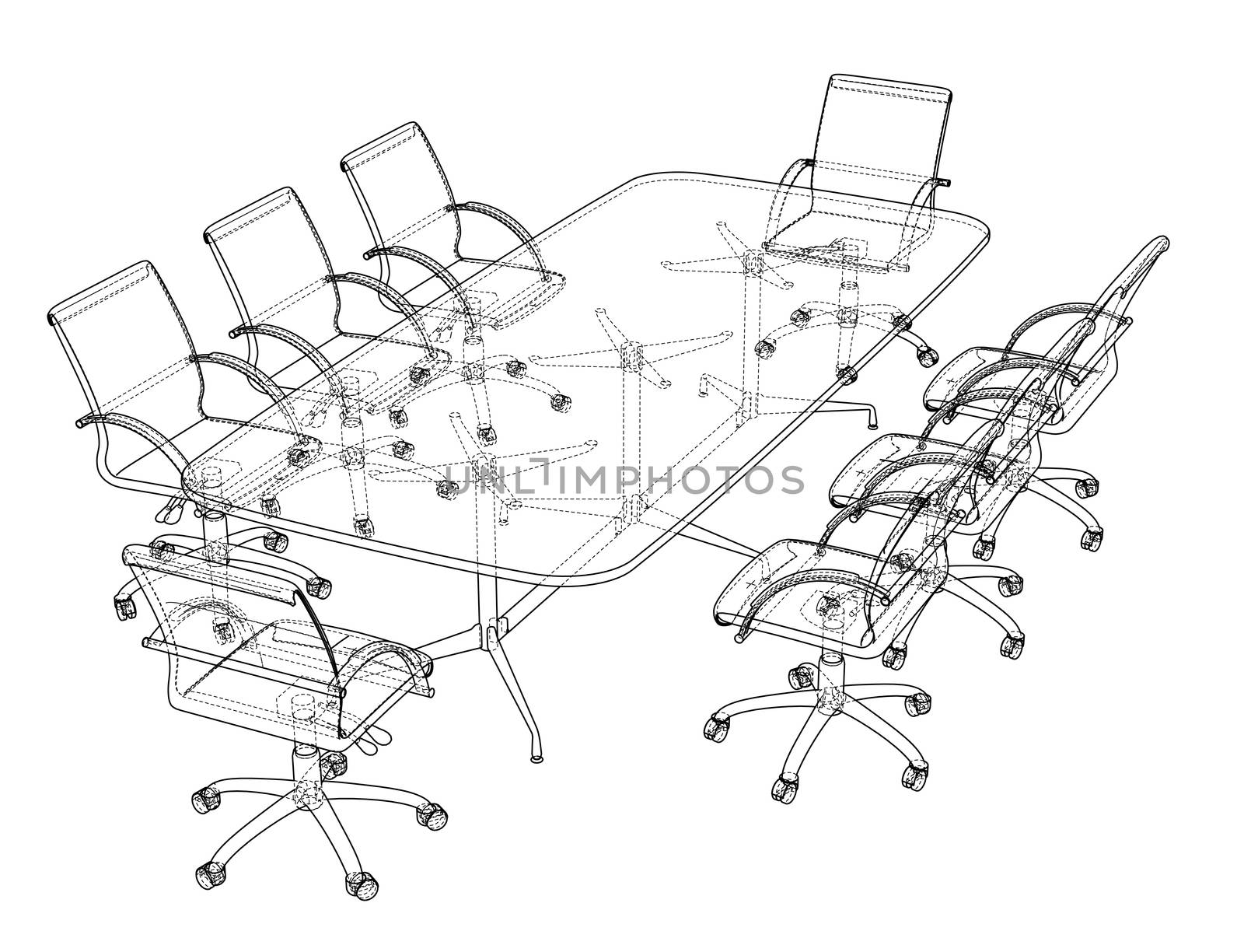 Conference table with chairs in sketch style. 3d illustration