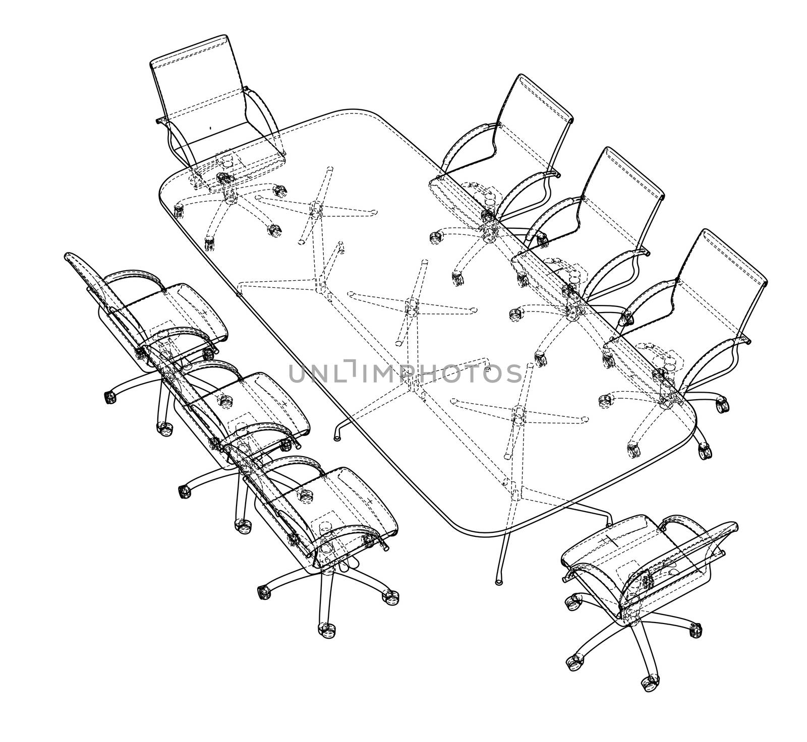 Conference table with chairs in sketch style. 3d illustration