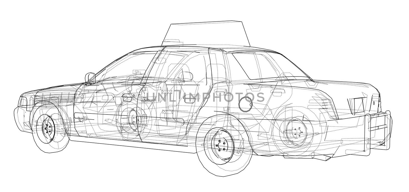 Taxi outline drawing or blueprint. 3d illustration