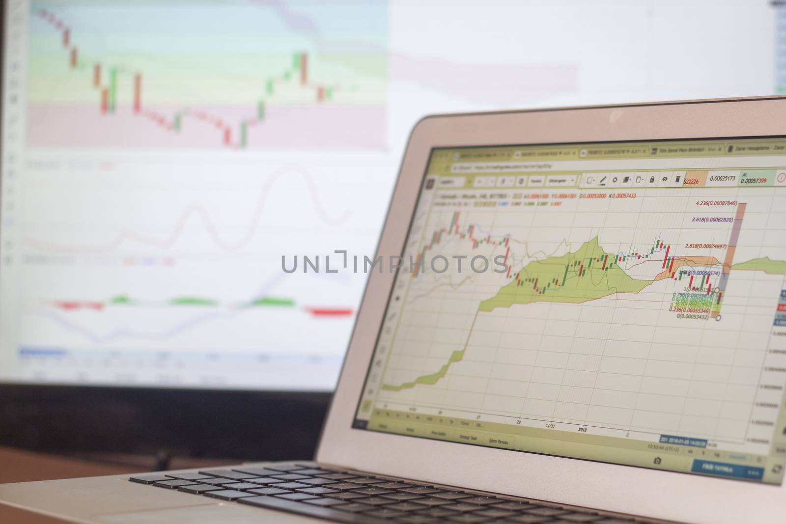 Candle stick chart of stock market on laptop display about cryptocurrency bitcoin