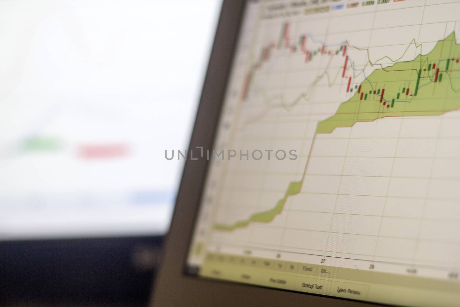 Candle stick chart of stock market on laptop display by oaltindag