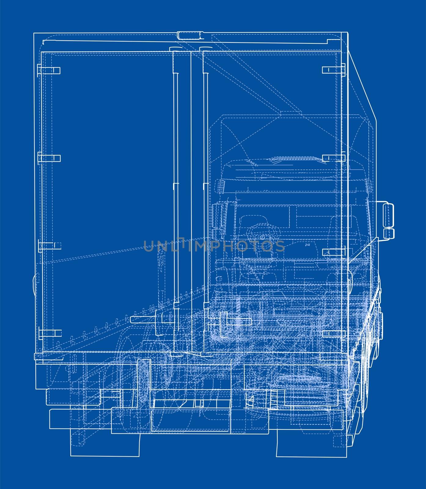 European truck outlined. Blueprint or sketch. 3d illustration