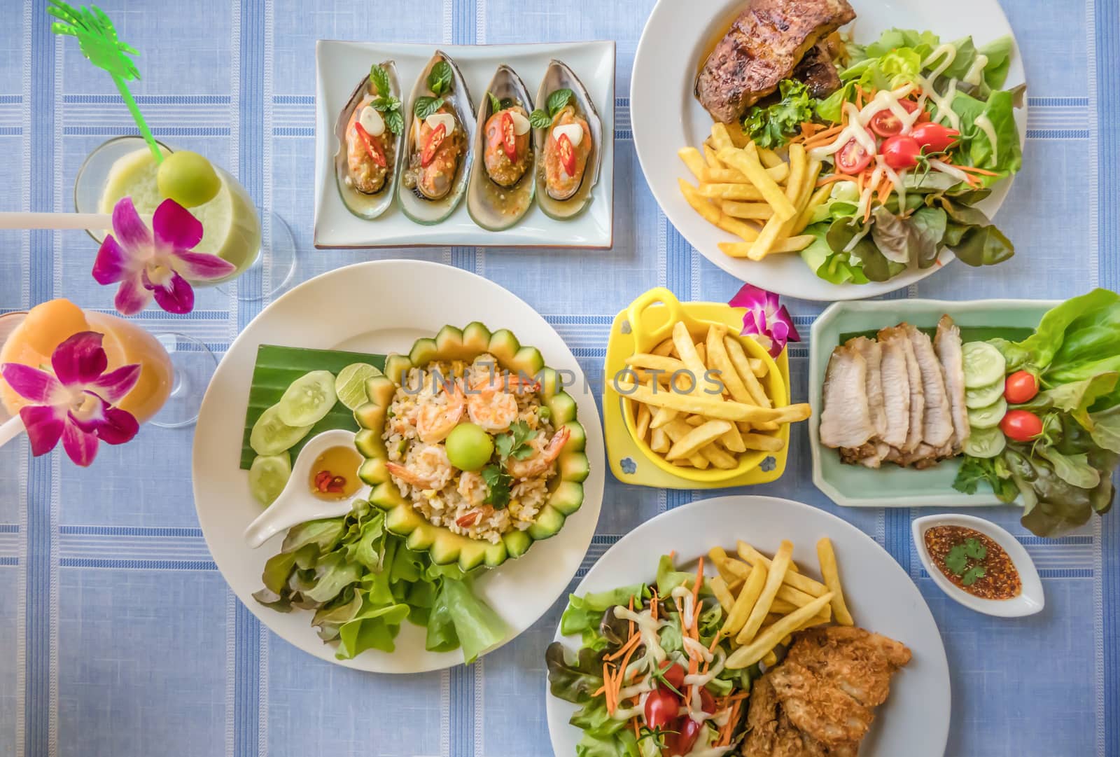 Top view full of food on table