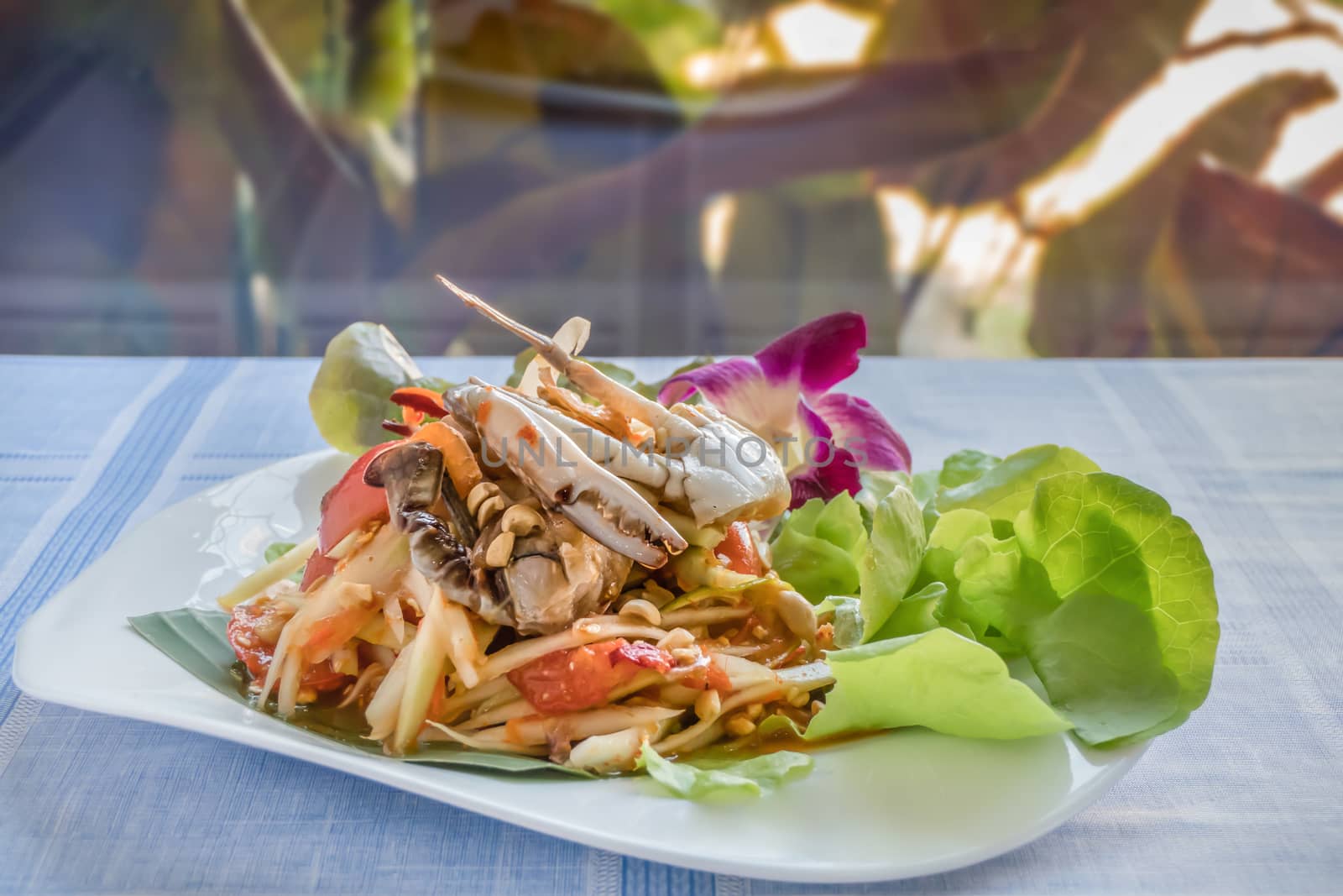 Traditional thai cuisine spicy green papaya salad with crab