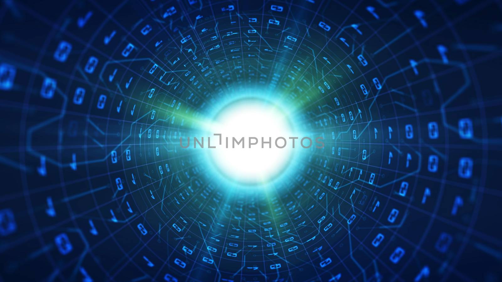 A fantasy 3d illustration of a blue binary pipe covered with wavy and crisscross lines and rectangular signs leading to a shining white center. 