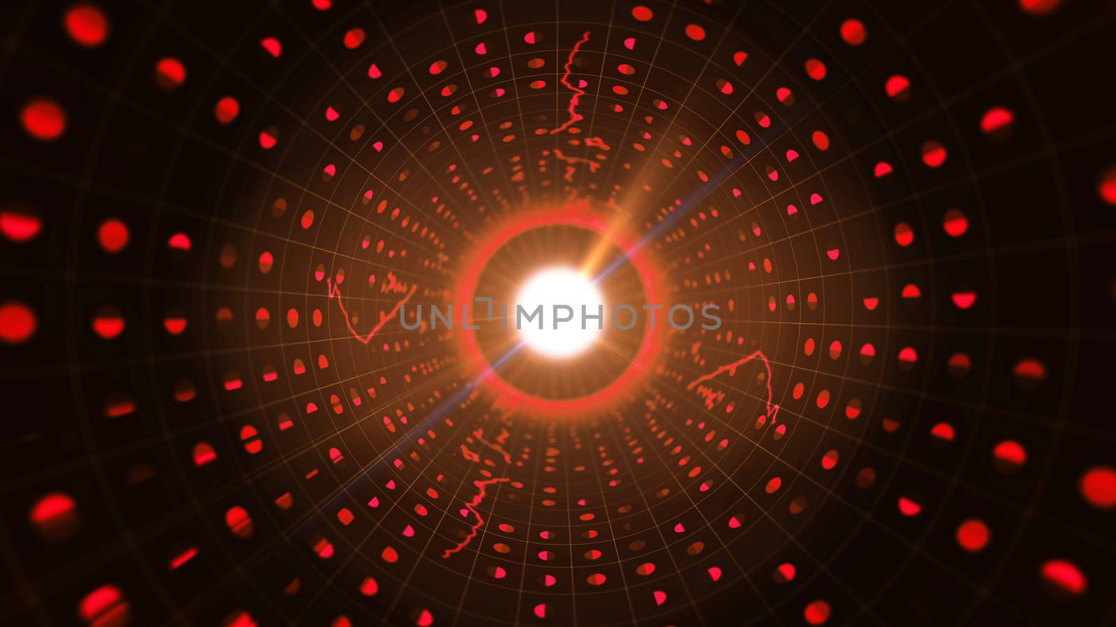 An arty 3d illustration of a black binary tube covered with a glitzy grid of half-round and spotty red symbols with lightning lines leading to a sparkling white center. 