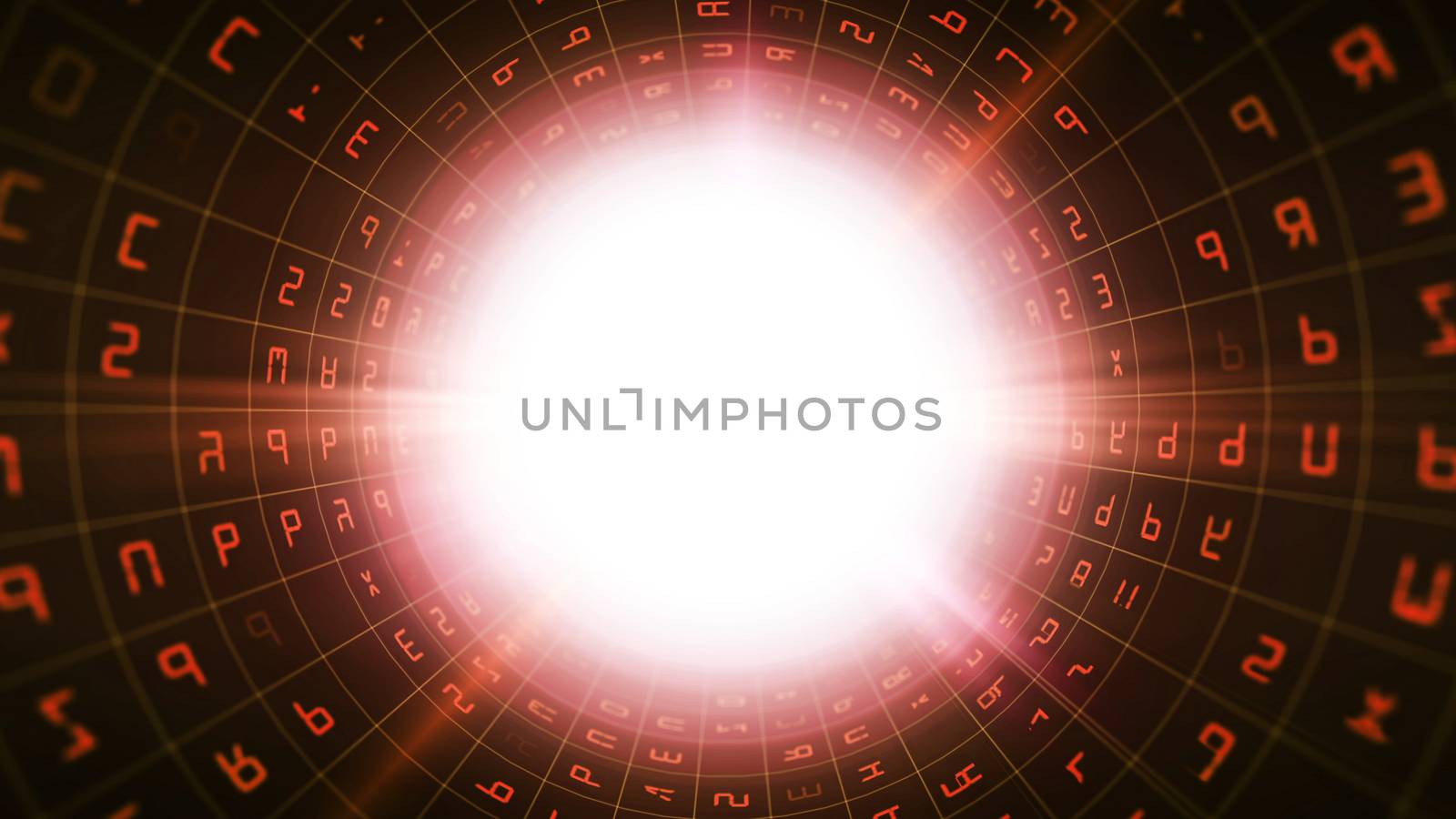 A psychedelic 3d illustration of a black binary tube having a glitzy grid of orange letters and digits leading to sparkling plasma looking round white center. 