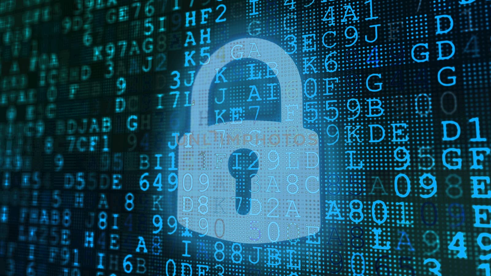 An exciting 3d illustration of a computer screen placed askew with blue coded letters and digits. A large crystalline lock with a key hole is put in the center.