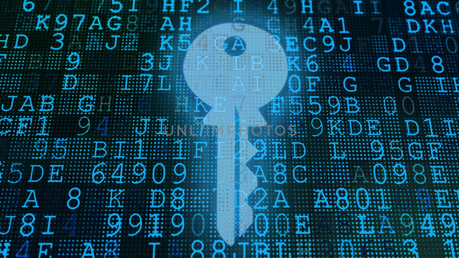 A graphic 3d illustration of a slanting computer screen with blue coded letters and numbers in the black background. A big pixel key is placed in the center.