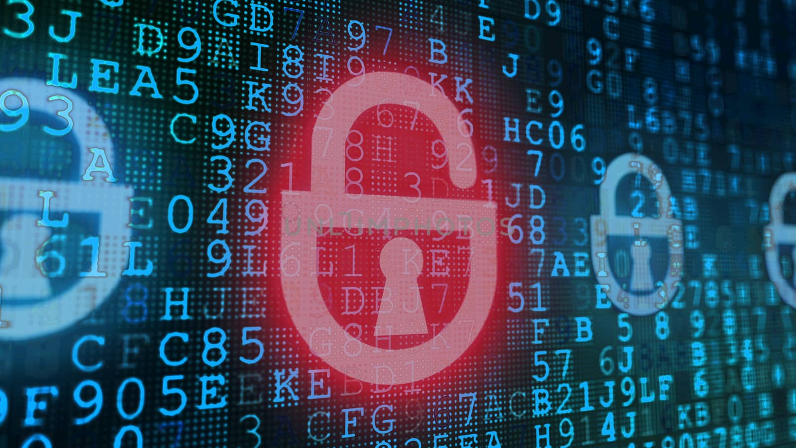 A multidimensional 3d rendering of a computer screen put aslant with blue coded formulas and texts in the black background. A big red padlock is located in the center.