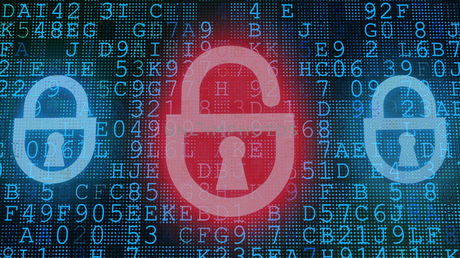A volumetric 3d rendering of a computer screen with blue coded letters, signs and numbers in the black background. A big red padlock and two small blue ones are in the center. 