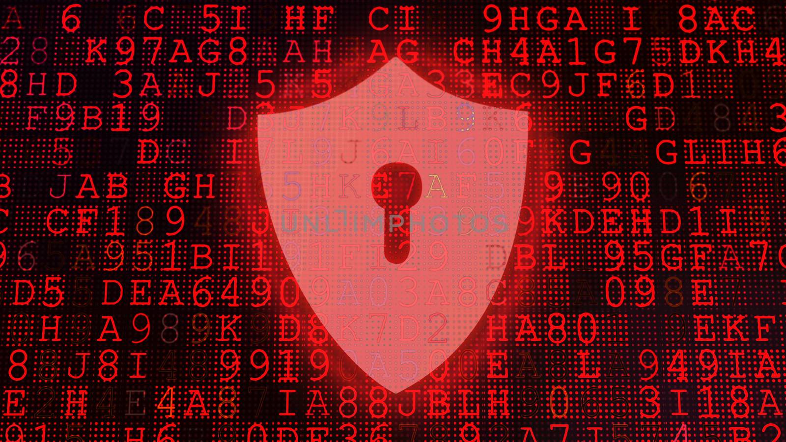 A geometric 3d illustration of a computer display put aslant with red coded letters and digits in the purple background. A large pixel shield with a key hole is placed in the center.