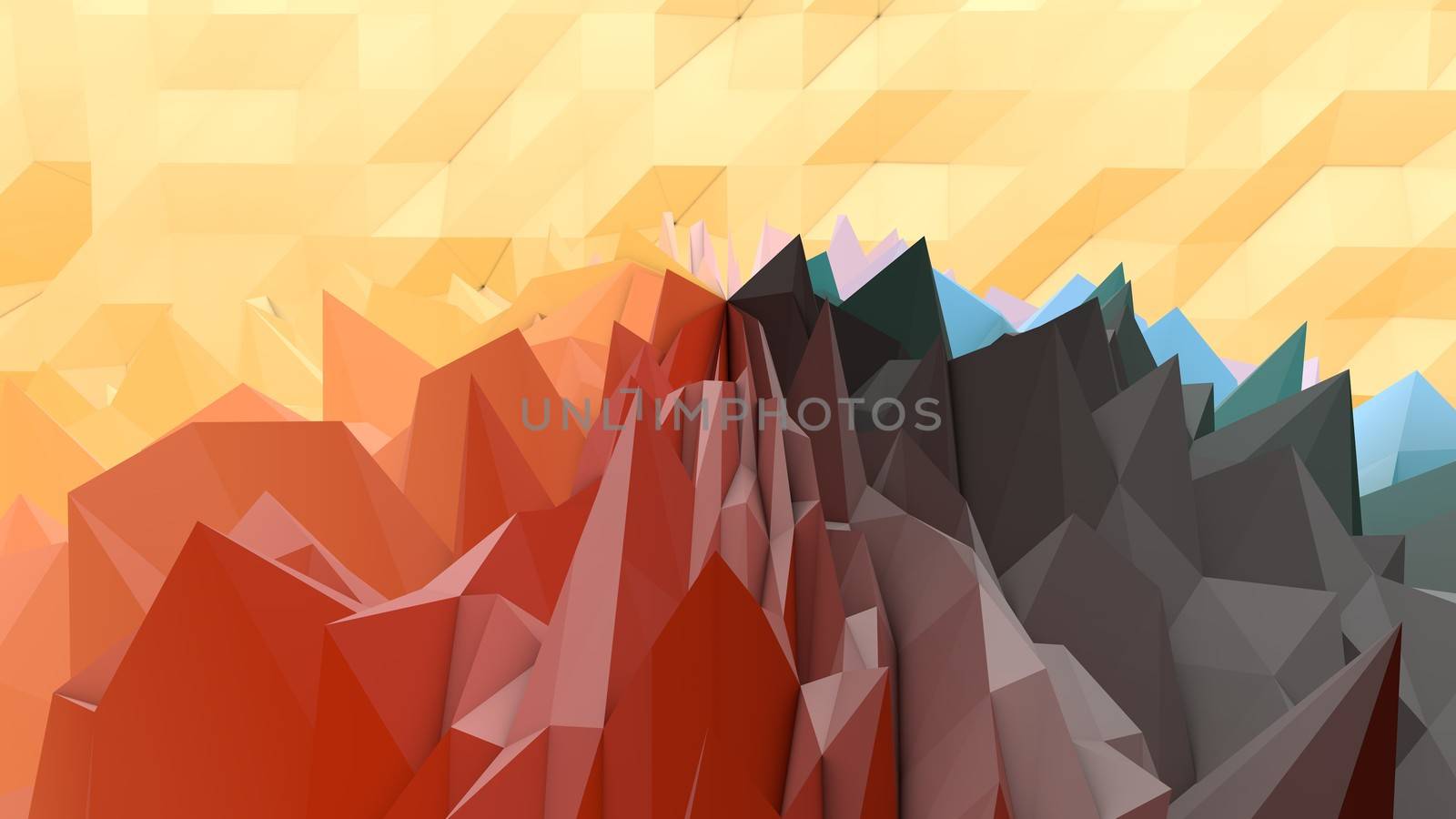 An op art 3d illustration of a black, grey, brown and yellow lowpoly backdrop with a hilly and rocky surface. A multiform area looks like an alien planet from distant world.