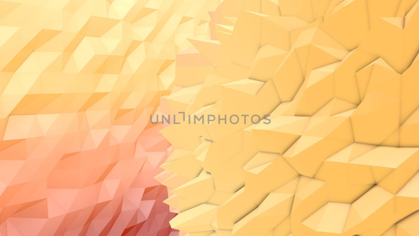 An exciting 3d illustration of a pink, peach and yellow lowpoly backdrop with a triangular and rhombus surface. A multi shaped area looks like a modern art picture.