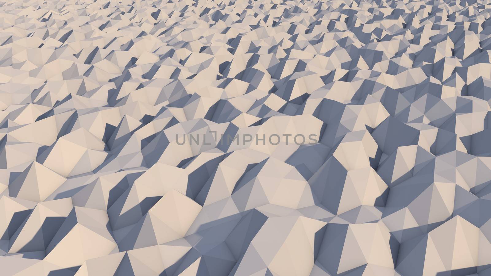 A lowpoly 3d illustration of a white and grey background with snowy pyramidal objects. The area looks like alien territory full of multiform and spiky hills. 