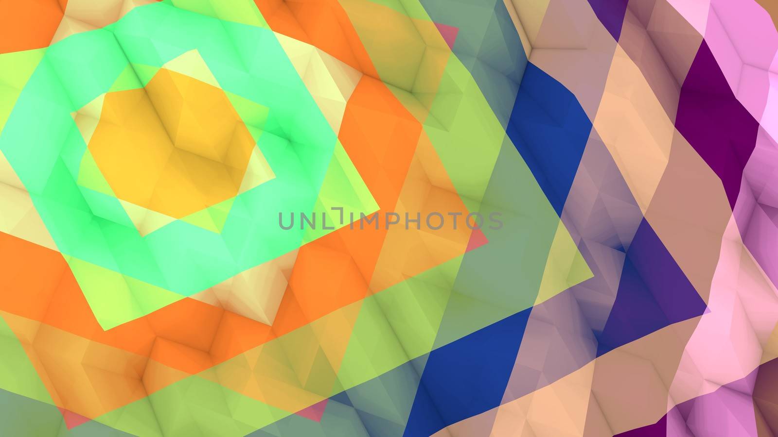 An artistic 3d illustration of a multicolored lowpoly backdrop with a set of various size squares. A round yellow spot is in the center of an eight-pointed structure from two figures.