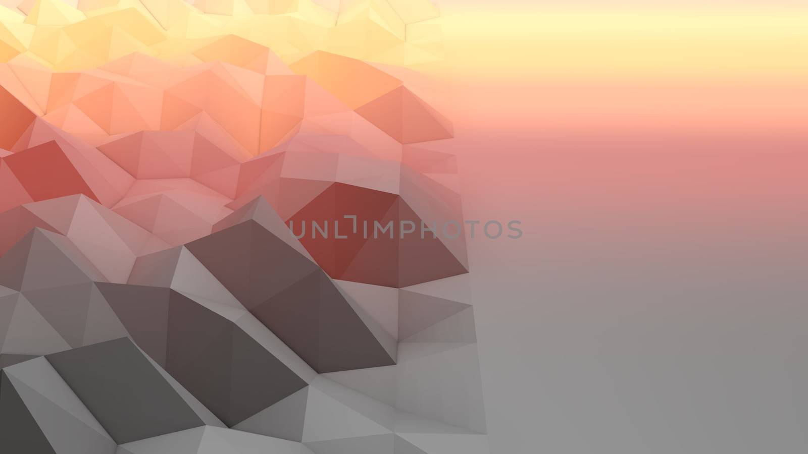 A lowpoly 3d rendering of a grey and peach backdrop with a hilly and salient surface. The area looks like some fairy tale territory full of broken small pyramidal hills. 
