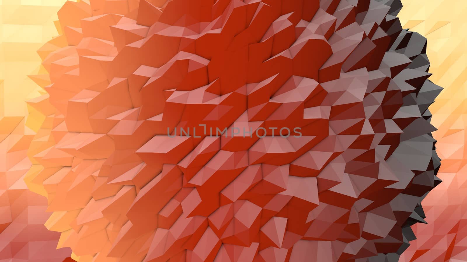 A lowpoly 3d illustration of a yellow, red and brown ball with spiky crystalline peaks in the yellow background with triangular objects. It looks like some magic areas. 