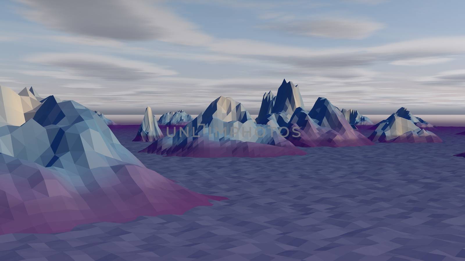 A lowpoly 3d rendering of a white and grey landscape with snowy and icy mountains and rocks in the north-polar territory. The skyscape is grey and gloomy. 