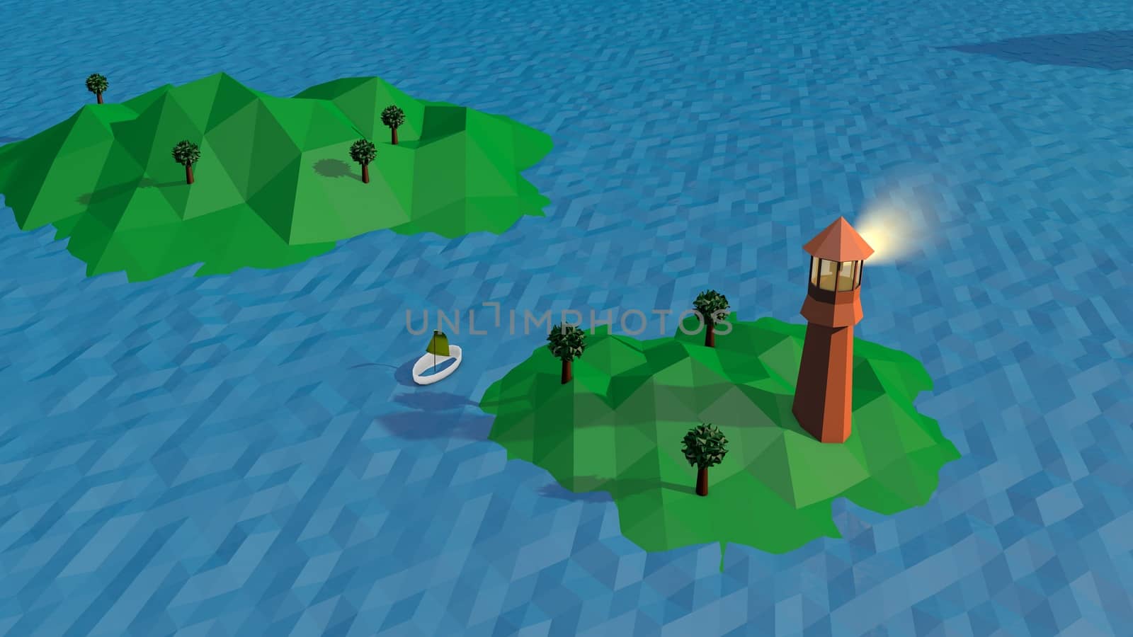 A funny 3d illustration of a high brown tower with a search spot installed on a tiny green island with three trees in summer. Blue lowpoly waves wash the land cheerfully.