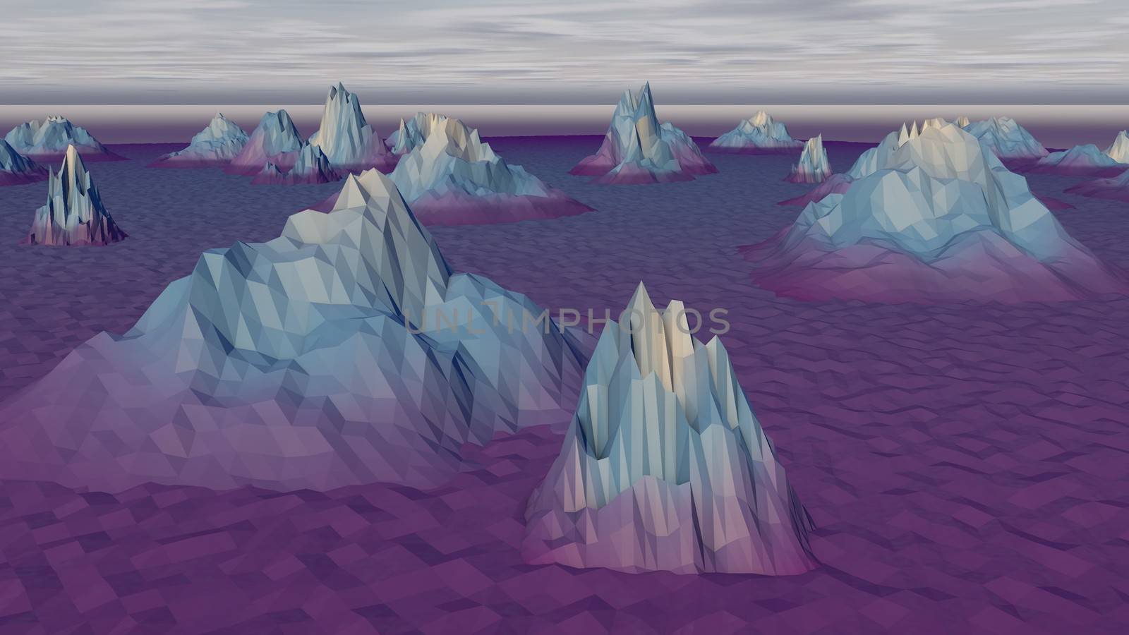 A surrealistic 3d rendering of a white, blue and violet landscape with snowy and icy rocks and mountains in the North Polar area. The sky is covered with gloomy grey clouds. 