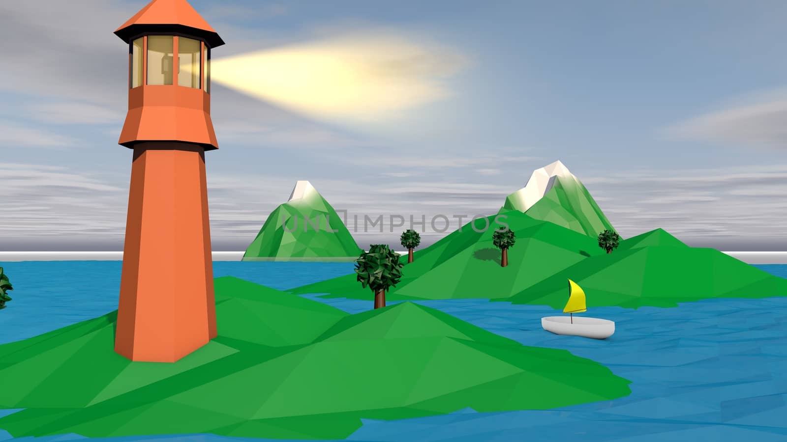 A cheery 3d illustration of a brown searchlight with a lit projector and several small islands and a white boat with yellow sail in the evening. There is a snowy peak, green grass and palms.