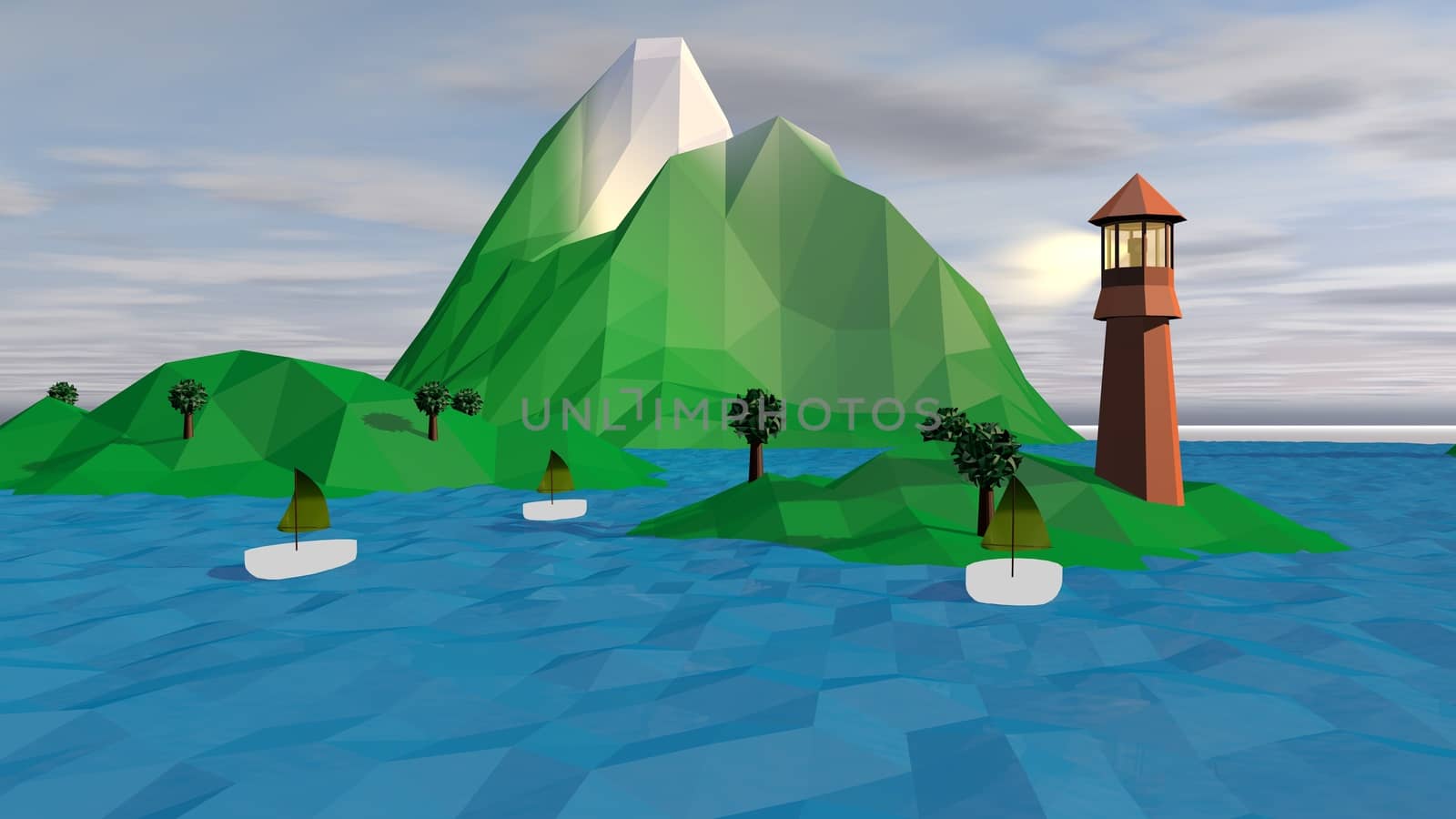 A dreamlike 3d illustration of a high brown tower with a lit spotlight on a small green island with a snowy peak, exotic palms and three white boats with khaki sails. 