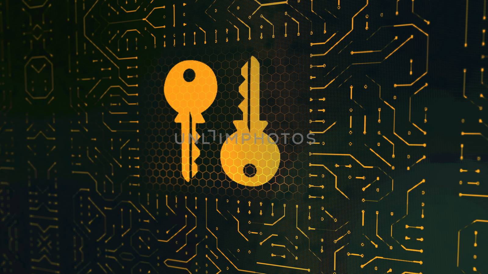 An arty 3d rendering of a wallet symbol circuit board with two golden keys placed oppositely in the center in the black background with zigzag lines and hexagonal structures.