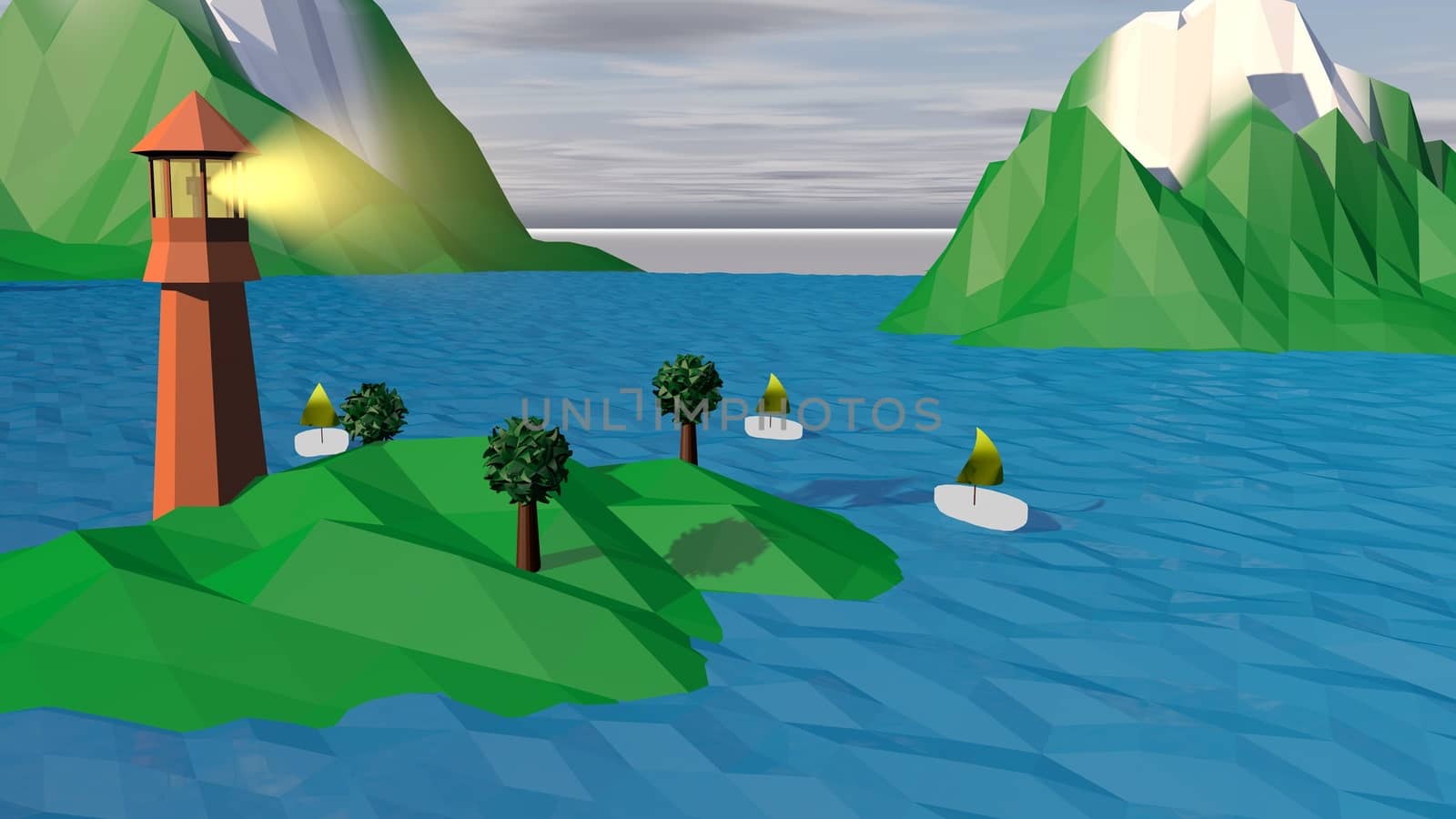 A jolly 3d illustration of a high brown tower with a spotlight on a small green island with a green grass, exotic palms and three white boats with khaki sails. Two snowy peaks are nearby.