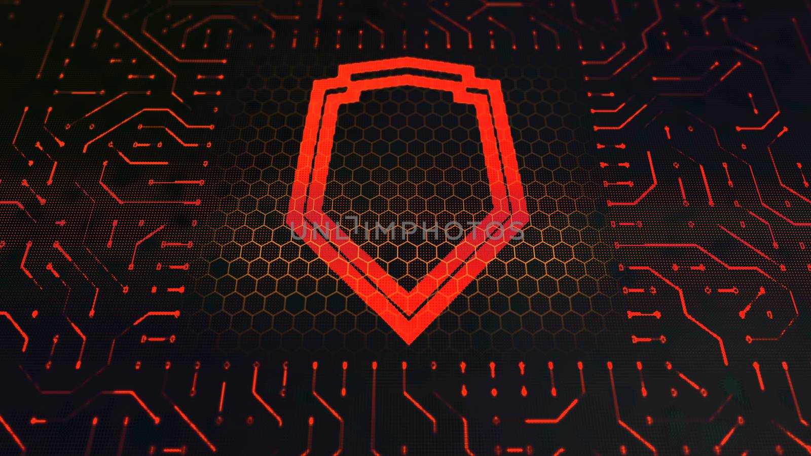 An impressive 3d illustration of a wallet sign circuit board with a red shield outlined with two wide lines in the center in the black background with curvy stripes and hexagons