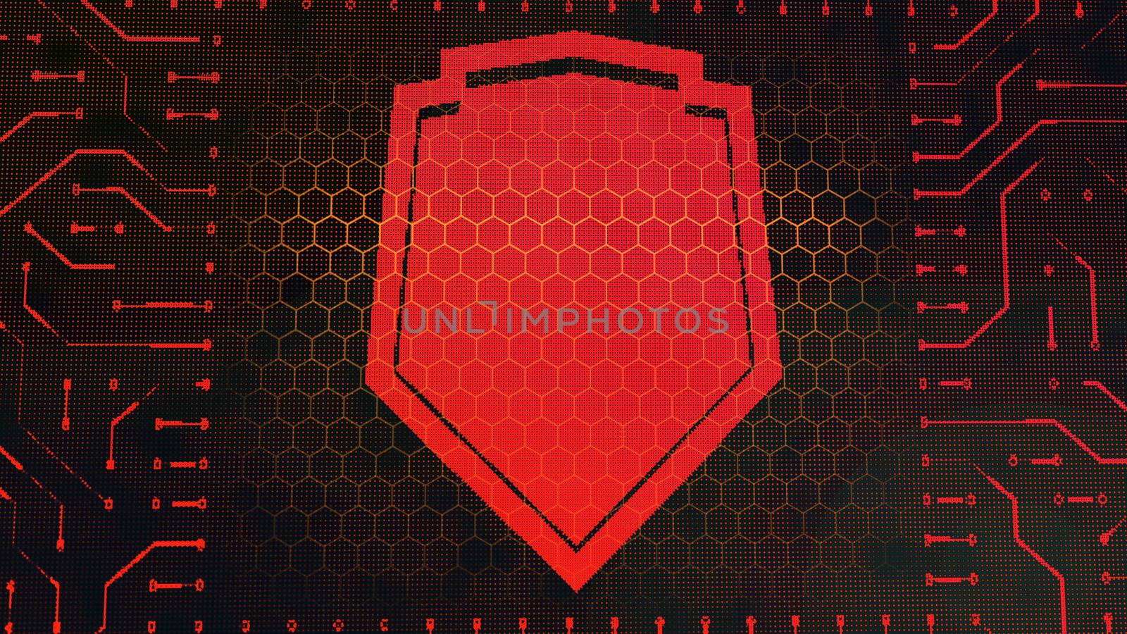 An abstract 3d illustration of a wallet symbol circuit board with a concave red shield put in the square center in the black background with lines and yellow hexagons.
