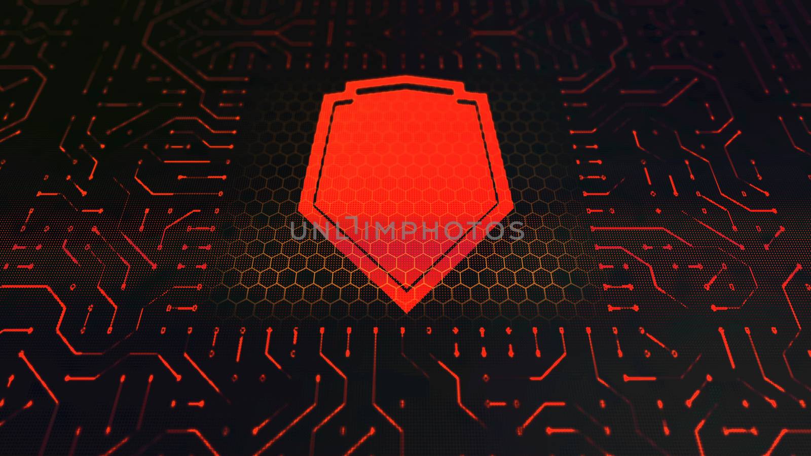 A striking 3d illustration of a wallet symbol circuit board with a concave Medieval red shell protecting funds reliably in the center of the black background with golden hexagons.