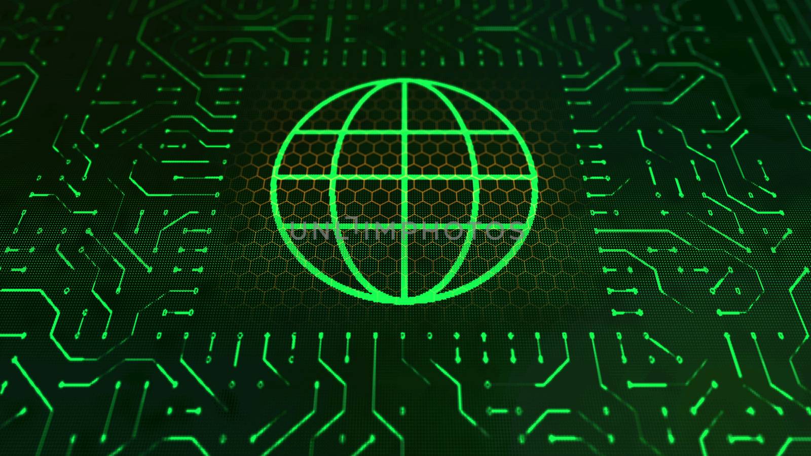 A stunning 3d rendering of a wallet sign circuit board with a light green globe symbol placed in the center of the black background with golden hexagons and salad zigzag lines