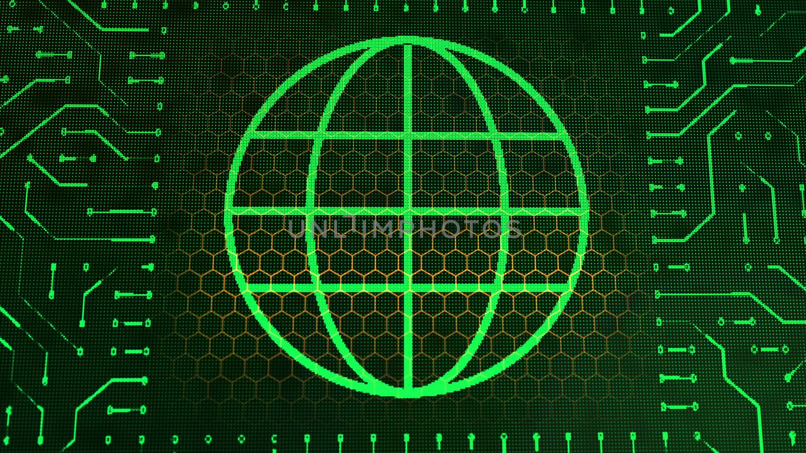 A sparkling 3d illustration of a wallet symbol circuit board with a light green round planet symbol placed in the center of the black background with yellow hexagons.