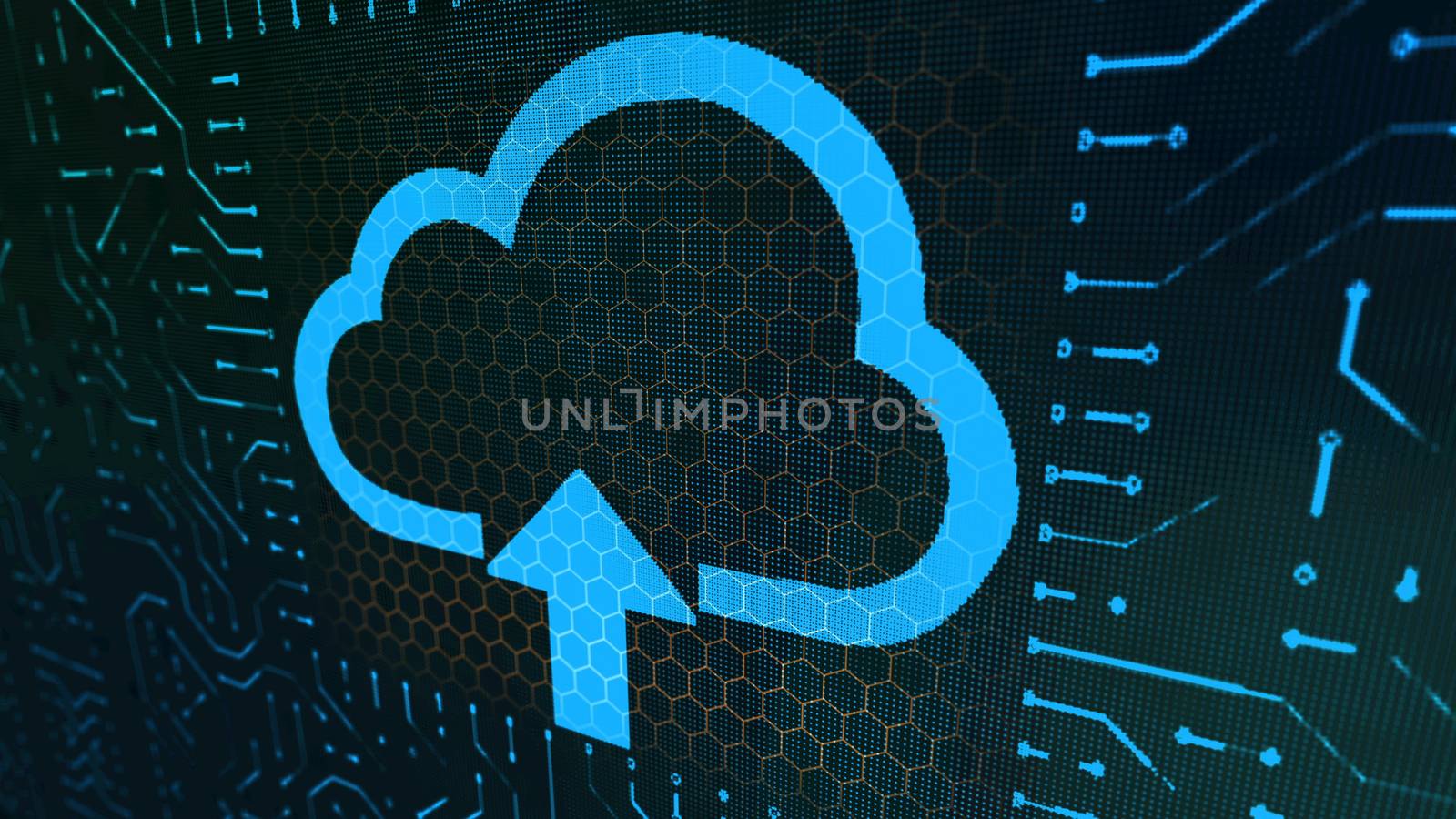 A wonderful 3d rendering of a wallet sign circuit board with a blue cloud, wide arrow, zigzag lines in the center of the black background with yellow hexagons placed askew.