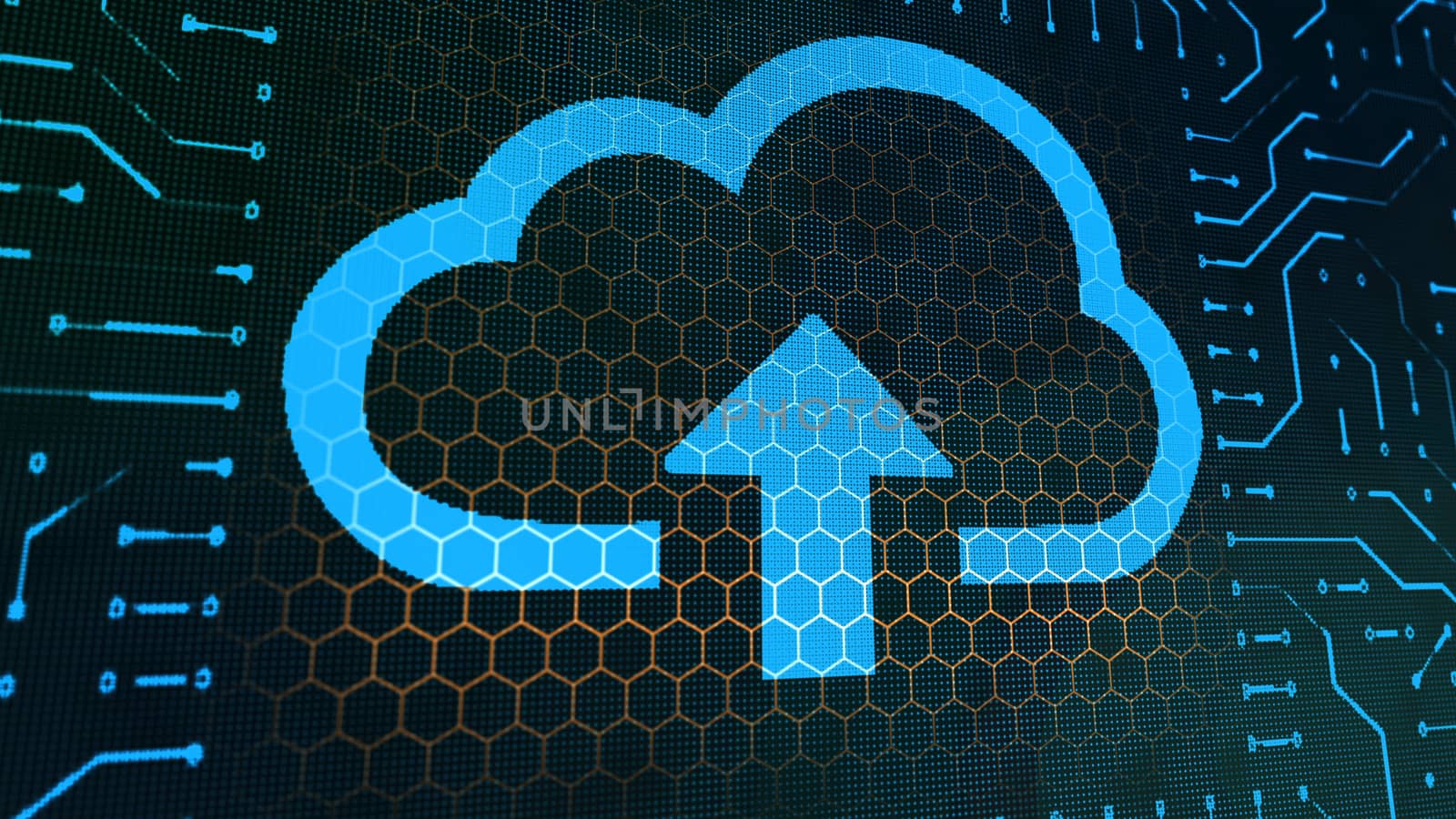A splendid 3d illustration of a wallet sign circuit board with a blue cloud, wide arrow, aimed up, crisscross lines in the center of the black background with small golden hexagons.